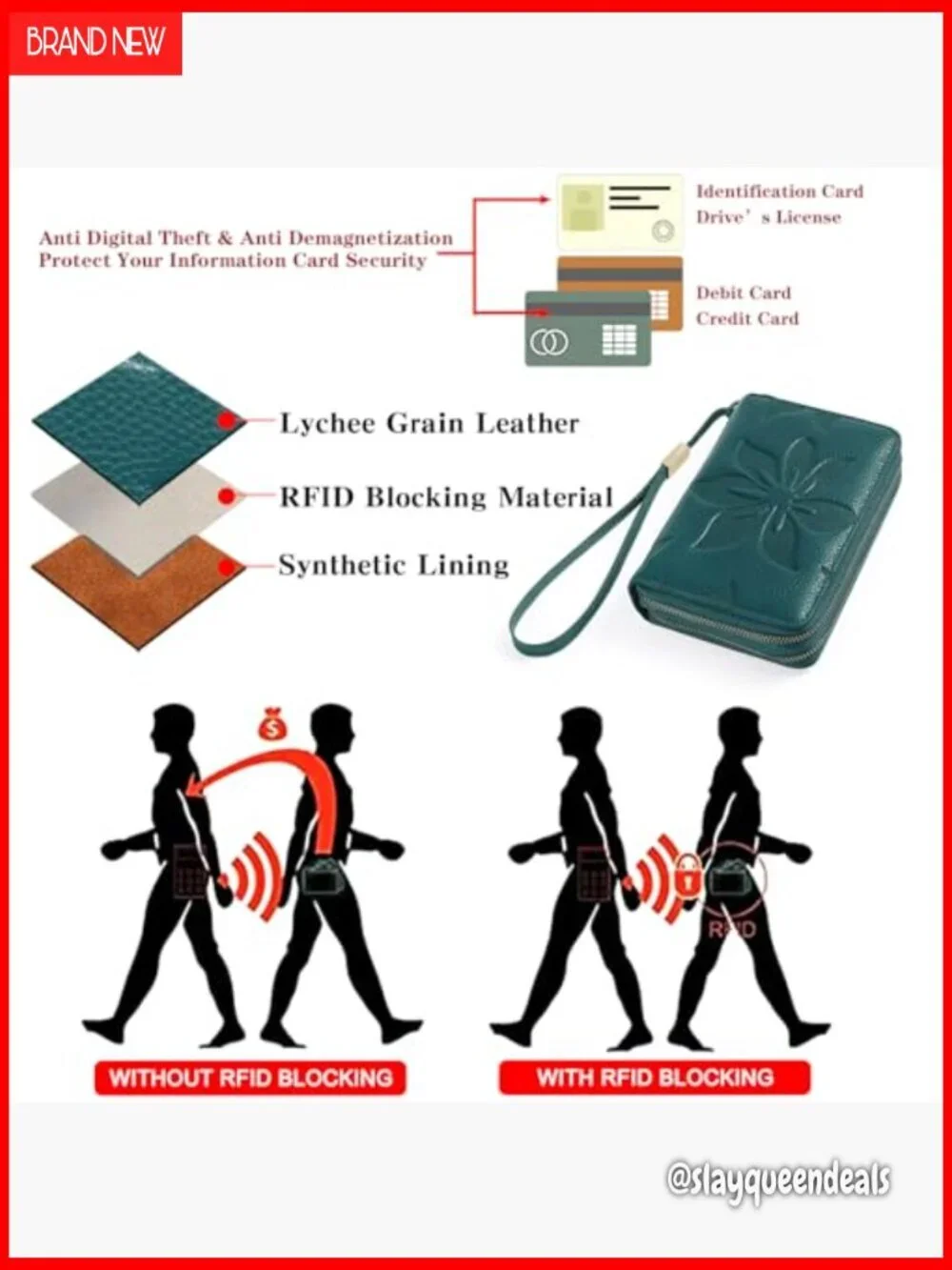 Leather Wristlet Wallet with RFID Blocking, 16 Card Slots, Double Zip